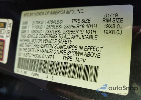 2019 Acura Rdx Standard z USA, uszkodzony, nr VIN 5J8TC1H30KL017473